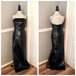 NEW MON CHERI SZ 8 BLACK STRAPLESS SEQUIN FORMAL GOWN W/SIDE SLIT
